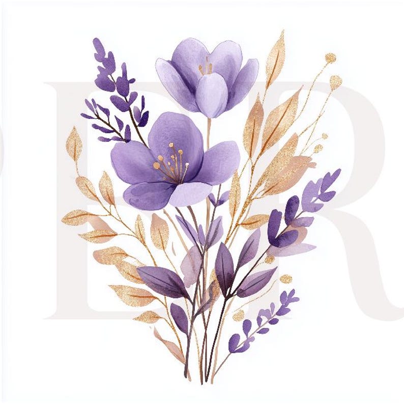 Purple Flower Clipart Set: Lavender Watercolor Floral (JPG Download ...