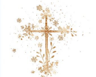 Christmas Cross Watercolor Clipart, Christian gold Cross PNG, Faith Christmas Art Print, Snowflake Cross, Religious Winter Decor