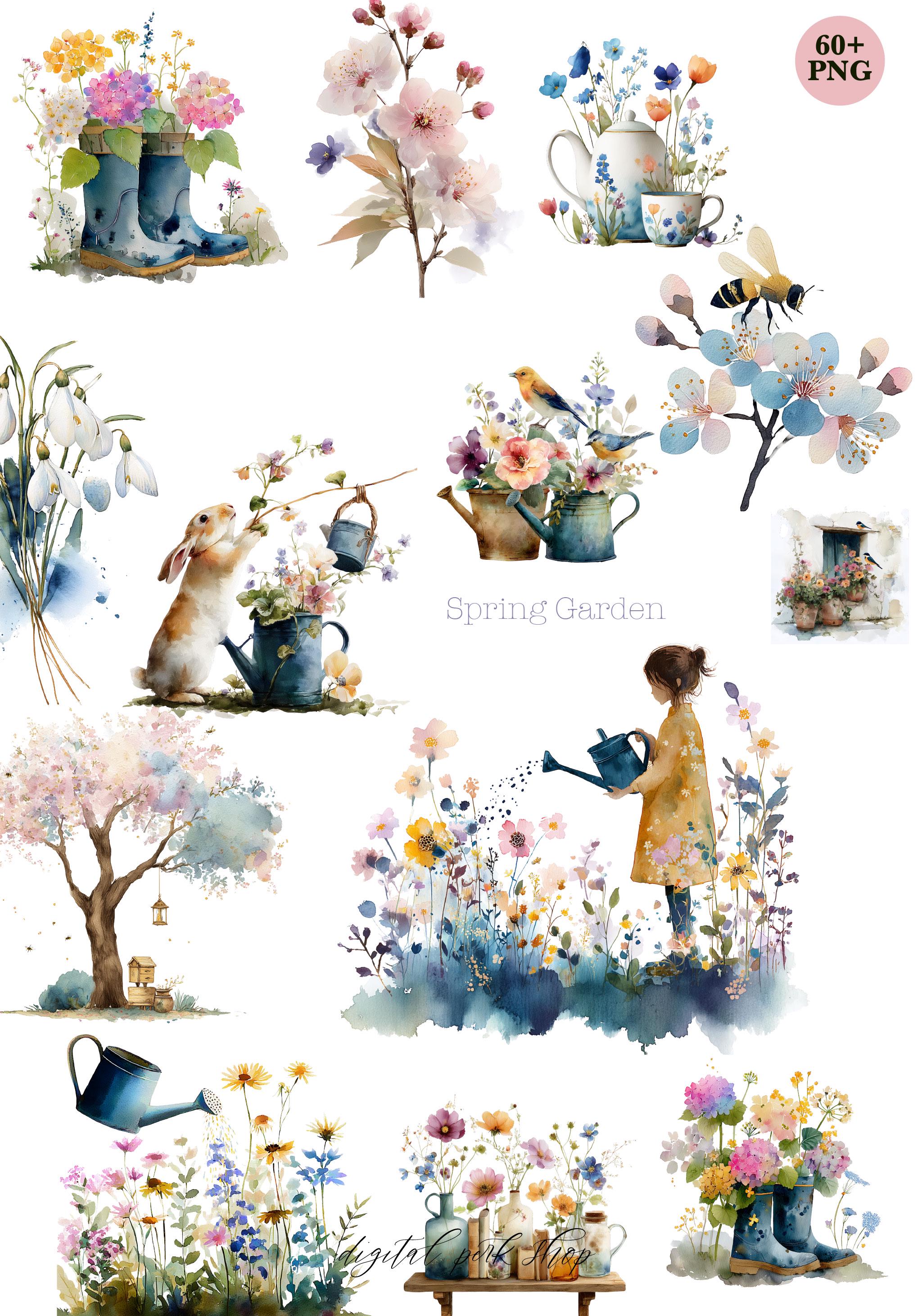 Spring Garden Clipart PNG, Easter Bunny Clipart, Watercolor Spring ...