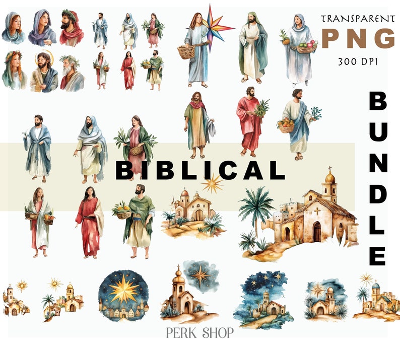 Paquete de imágenes prediseñadas bíblicas en acuarela: Arte religioso PNG (descarga digital) imagen 1