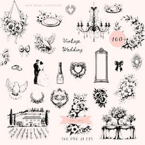 手描きのウェディング SVG クリップアート イラスト、ウェディング ディナー招待状、アイコン、ステッカー、花のライン アート、落書き、PNG ビンテージのバンドル