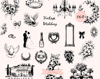 Barokke lijntekeningen - bruiloft clipart-vintage Victoriaanse bruiloft crestVintage bloemen lijntekeningen (SVG, PNG)