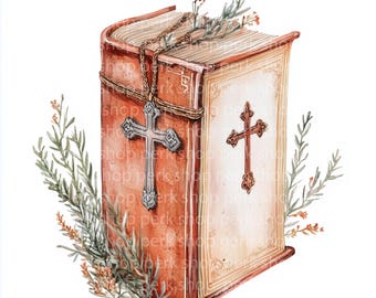Clipart acquerello della Bibbia d'epoca: croce e fiori (download digitale, file JPEG, licenza commerciale)