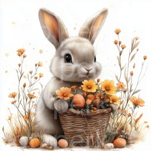 12 clipart de coelho, clipart de aquarela de coelho da Páscoa para impressão, coelho com flores de cesta, papel para artesanato de scrapbooking, adesivo de cartão, digital