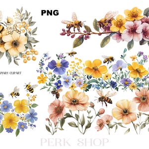 9 Ape floreale png, Clipart acquerello di fiori selvatici, bordi stampabili di api da miele di calabrone dell'apiario, Download digitale, Carta artigianale per scrapbooking, adesivi