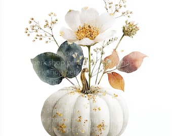 White Pumpkin Watercolor Clipart: Elegant Fall Bouquet (digital ...