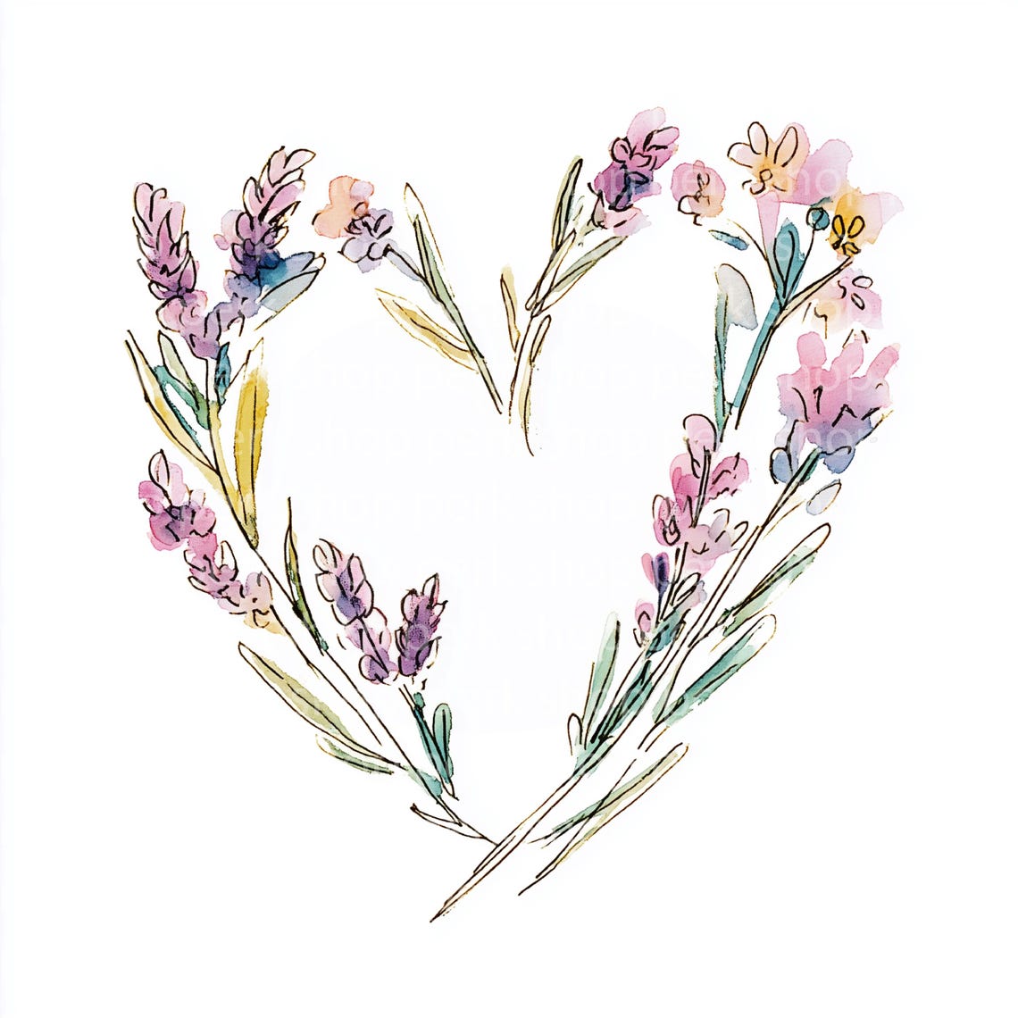 Lavender Wreath Watercolor Clipart: Floral Heart Frame (JPG Digital ...