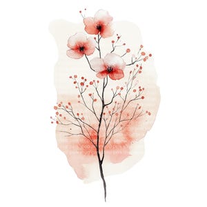 10 Zarte Blumen Clipart, Aquarell Japandi Blumen PNGs, bedruckbare Bastelpapiere, Aufkleber, Junk Journal, Wandkunst, abstrakte rosa Sakura