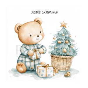 16 Teddy Bear Boho Christmas pajama clipart, Watercolor cute  printable, Nursery craft card, paper digital download png, sublimation, decal