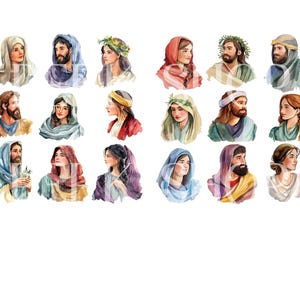 Puede incluir: Un conjunto de 20 ilustraciones de acuarela de personas con ropa tradicional. Las ilustraciones son de varios colores y presentan tanto hombres como mujeres.