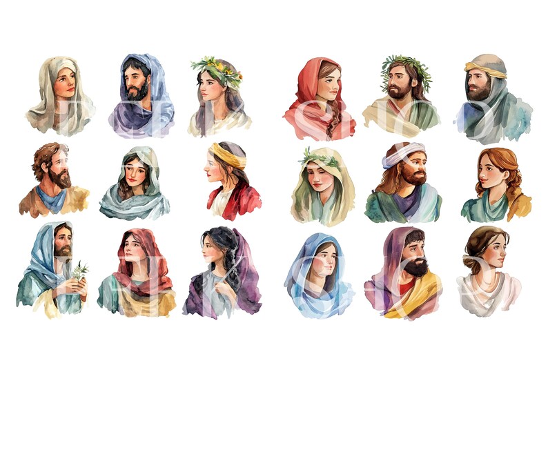 Puede incluir: Un conjunto de 20 ilustraciones de acuarela de personas con ropa tradicional. Las ilustraciones son de varios colores y presentan tanto hombres como mujeres.