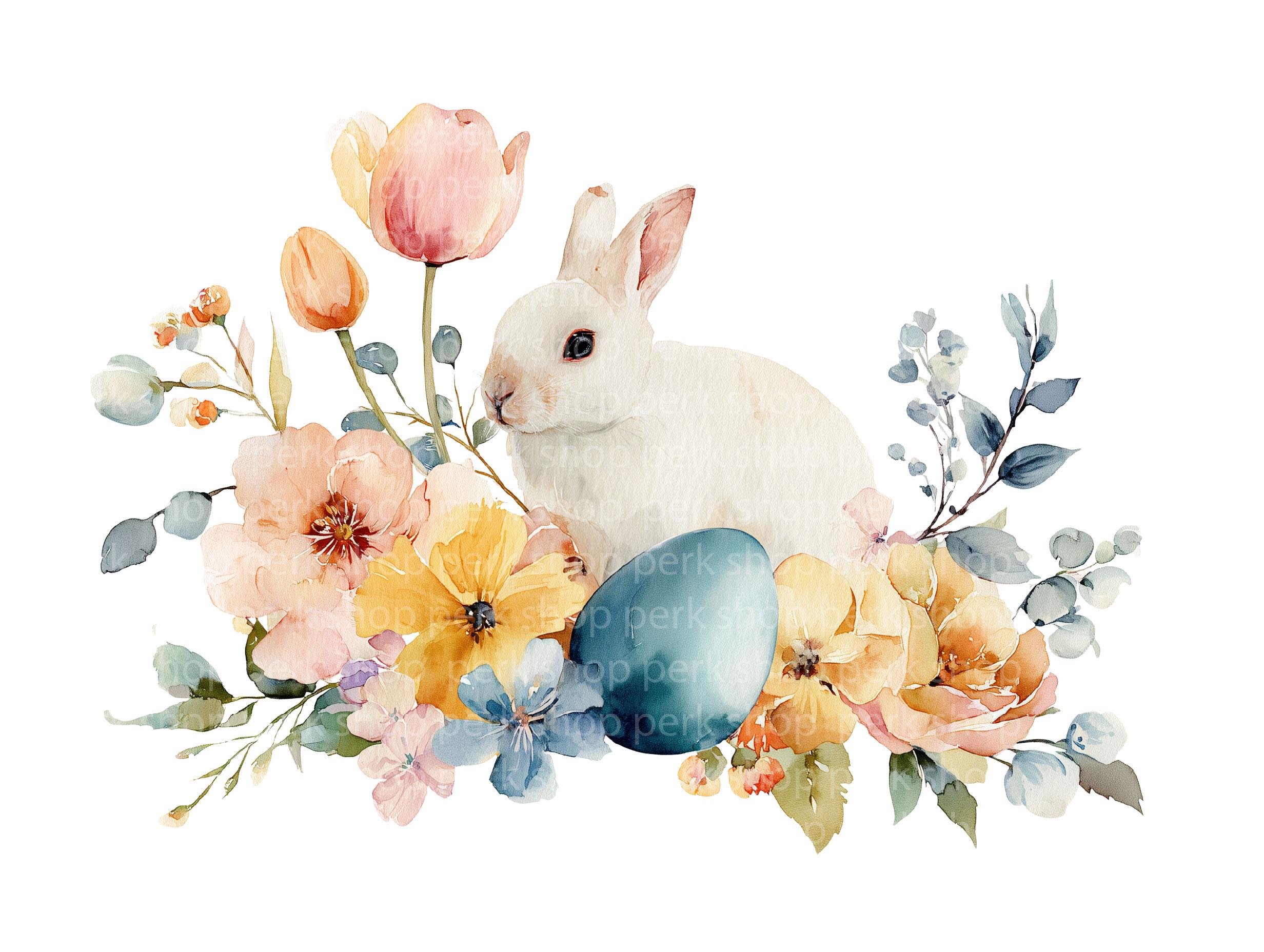 Easter Bunny Clipart PNG Set, Watercolor Rabbit With Flowers Eggs ...