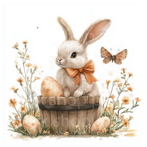 Paashaas clipart, lentekonijn met mand bloemen, ambachtelijk scrapbookingpapier, kaartsticker, digitale aquarel afdrukbare png, eieren zoeken