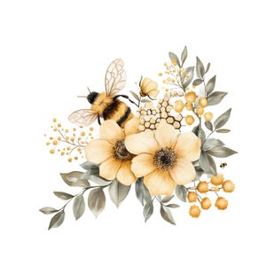 9 Ape floreale png, Clipart acquerello di fiori selvatici, bordi stampabili di api da miele di calabrone dell'apiario, Download digitale, Carta artigianale per scrapbooking, adesivi