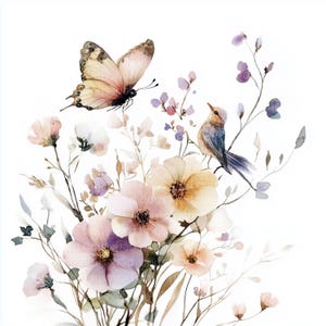 8 Clipart di uccelli e fiori, Acquerello di farfalle, Scrapbooking floreale, Carte stampabili digitali, Junk Journaling, Illustrazioni di alta qualità