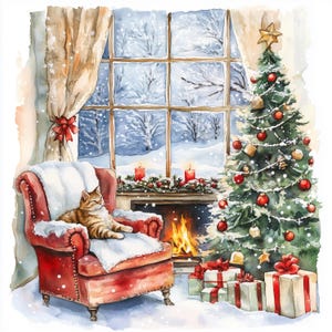9 Árvore de Natal Vintage Aquarela e Lareira Aconchegante clipart, Gato em uma cadeira, jpg para impressão, download instantâneo digital, diário de lixo de inverno