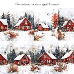May include: Six digital paper designs featuring red barns with snow-covered roofs in a wintery landscape. The barns have white trim and windows, and are surrounded by trees and snow. The designs are perfect for creating holiday cards, scrapbook pages, and other winter-themed crafts.