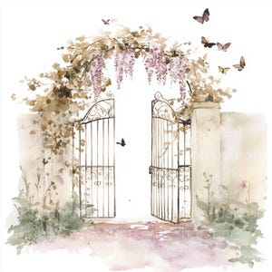 10 Wisteria Gartentore Clipart, Schmetterling Blumen Aquarell digital bedruckbar, Junk Journaling, hochwertige Illustrationen für die Kartenherstellung