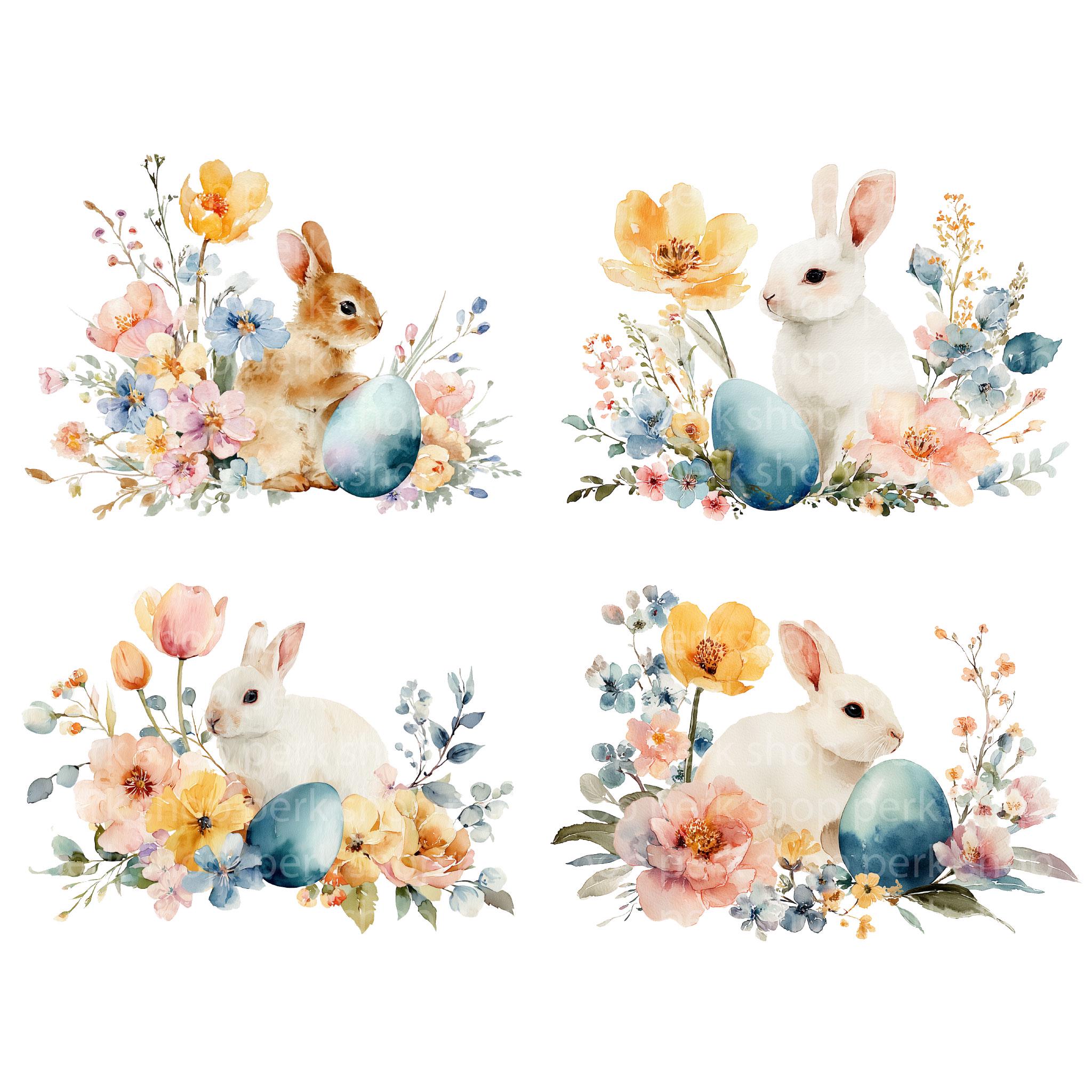 Easter Bunny Clipart PNG Set, Watercolor Rabbit With Flowers Eggs ...