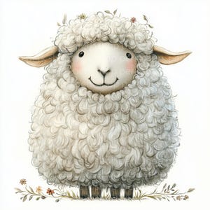 May include: A white fluffy sheep with a friendly smile, standing on a white background with small brown and orange flowers and green leaves.