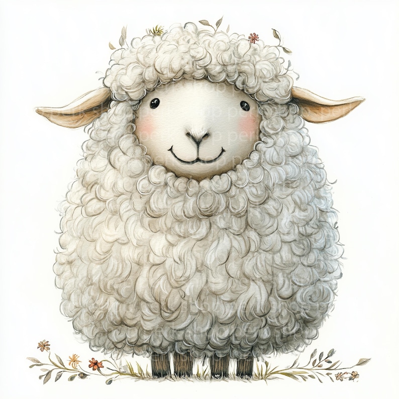 May include: A white fluffy sheep with a friendly smile, standing on a white background with small brown and orange flowers and green leaves.