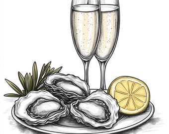 Clipart de plato de ostras: Ilustración rústica de mariscos (Descarga digital)