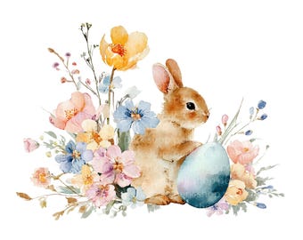 Easter Bunny Clipart PNG Set, Watercolor Rabbit With Flowers Eggs ...