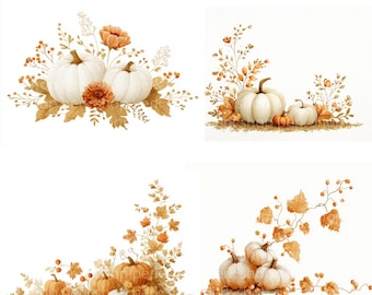 May include: Watercolor illustrations of pumpkins and autumn foliage in various arrangements. The pumpkins are white and orange, with detailed leaves and berries in shades of brown and gold. The images are set against a white background, perfect for fall-themed designs.