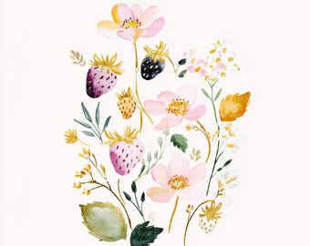 Aardbei botanische aquarel illustratie set (digitale download)