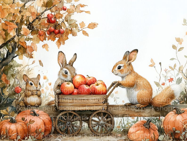 Autumn Watercolor Rabbit Autumn Animals Watercolor Clipart: Bunny, Squirrel, Bird Fall Scene ...
