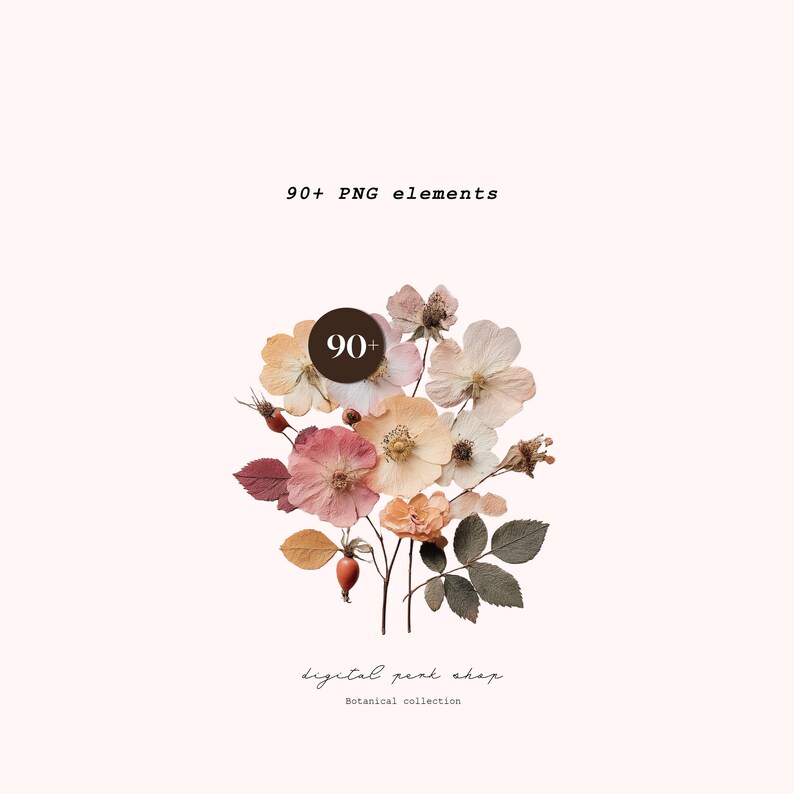 May include: A collection of over 90 digital PNG elements featuring pressed botanical flowers, rose hips, and leaves in muted shades of pink, peach, and brown. The text 90+ PNG elements, digital peak shop, and Botanical collection are visible.