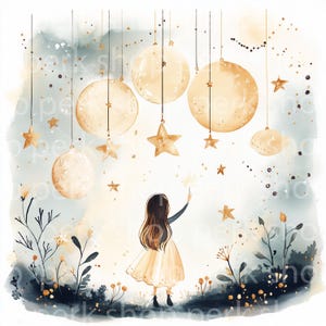 7 Himmlische Mädchen Clipart - Mond Kind Aquarell PNG, Sternennacht Digitaler Download, für Kinderzimmer oder Märchenbuch Dekor