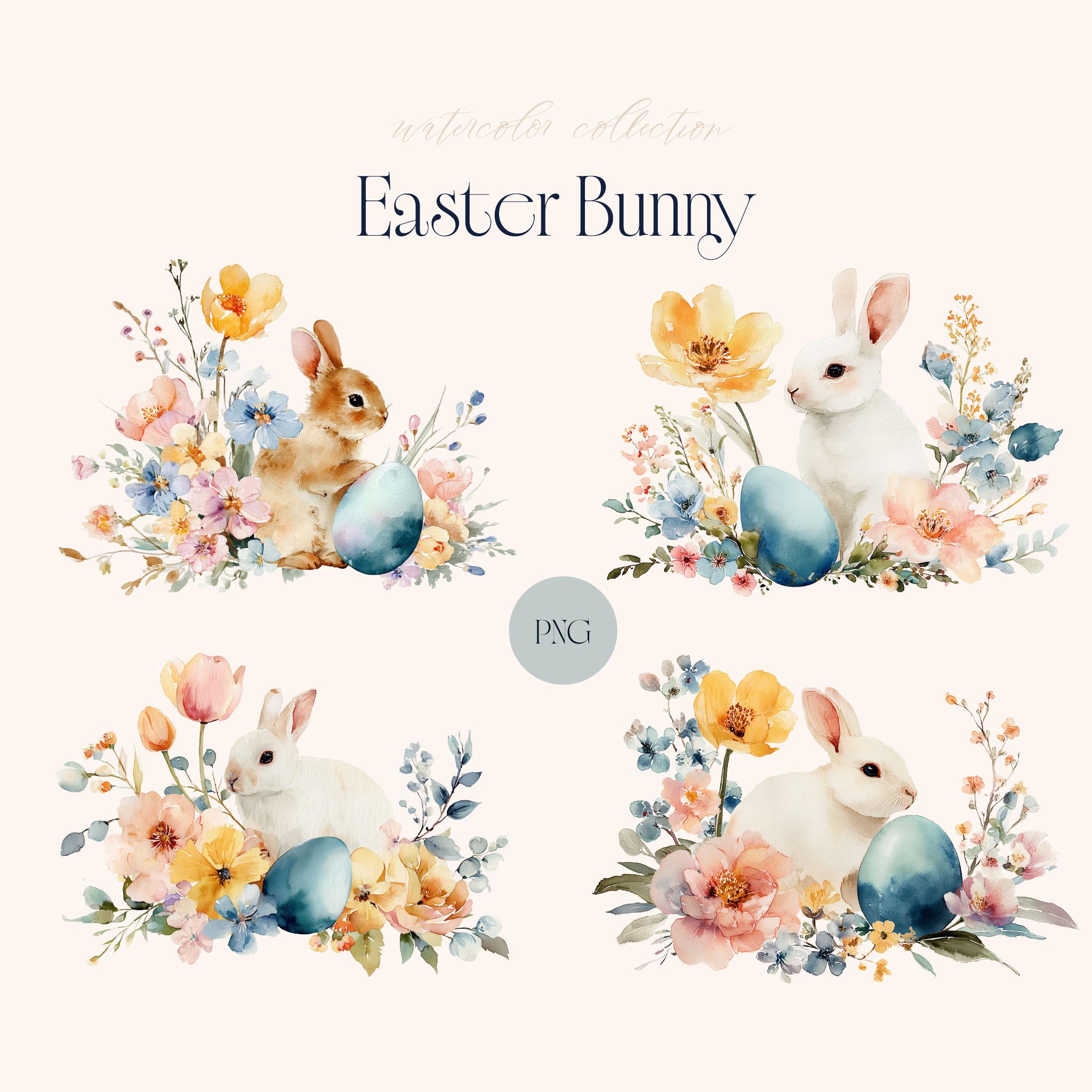 Easter Bunny Clipart PNG Set, Watercolor Rabbit With Flowers Eggs ...