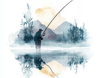 釣り人の水彩画クリップアート：ボートの風景画（デジタルダウンロード