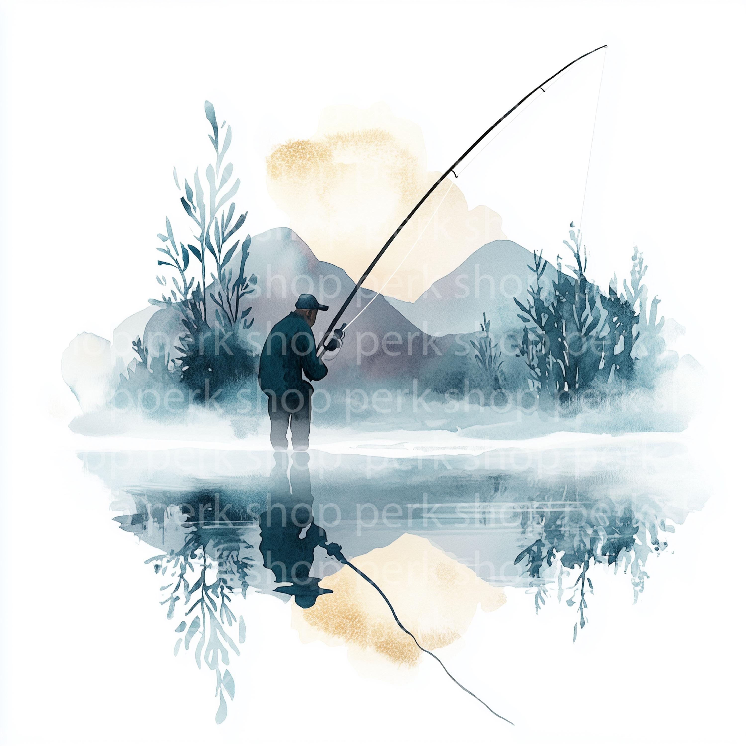 釣り人の水彩画クリップアート：ボートの風景画（デジタルダウンロード