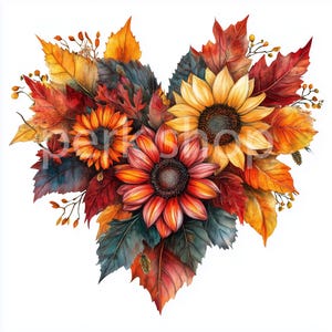 10 cliparts floraux coeur d'automne, feuilles de tournesol numériques, papier imprimable, travaux manuels d'automne, sublimation, journal indésirable, autocollant, agenda, cartes