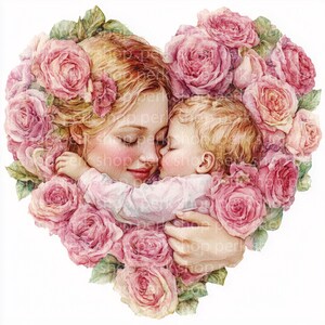 12 Clipart di mamma e bambino, Biglietto per la festa della mamma, Cuore di rosa vintage, Stampabile, Acquerello, Download digitale, Carta artigianale, Diario di scarto, Regalo