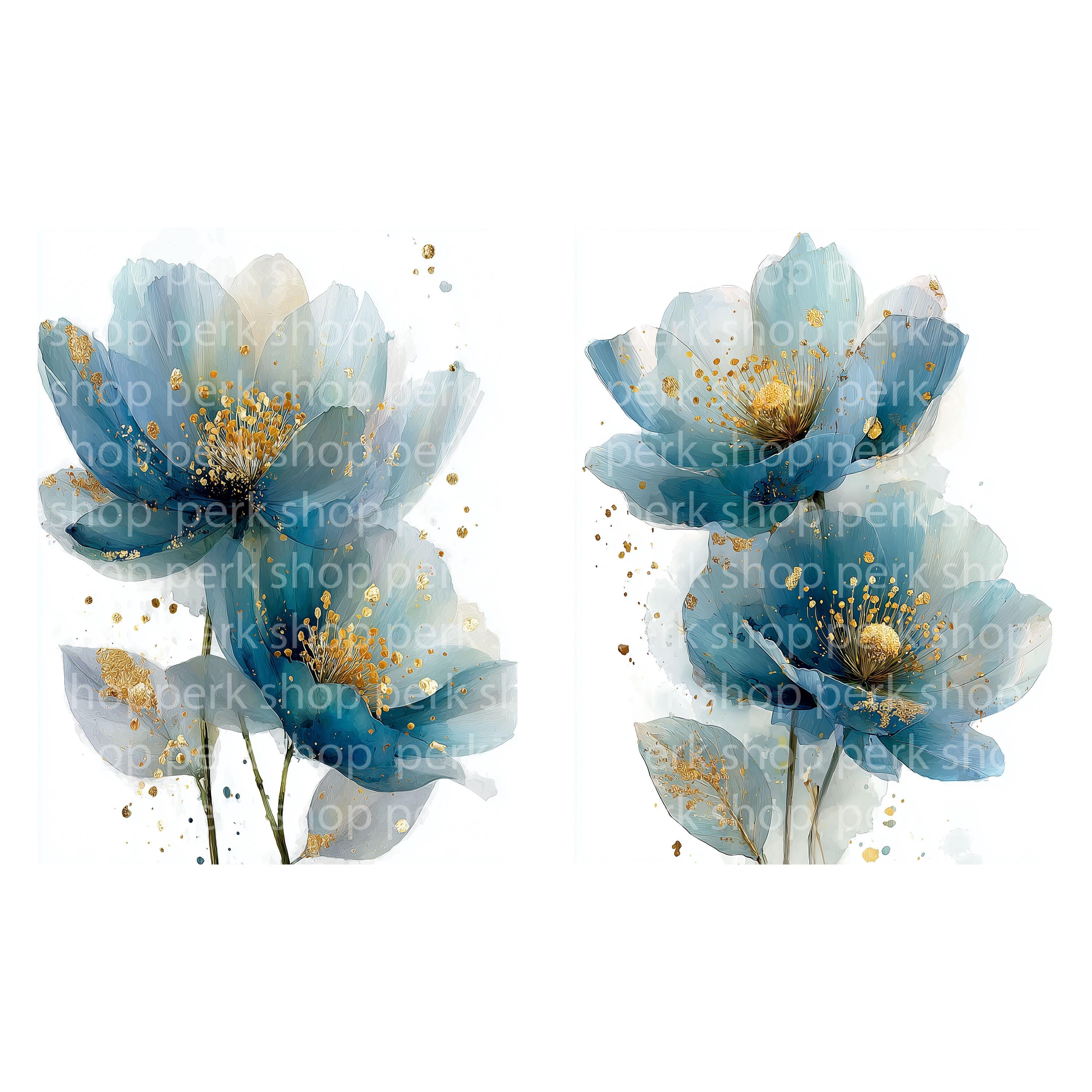 抽象的な花の水彩画クリップアート：青と金の輝き（デジタル