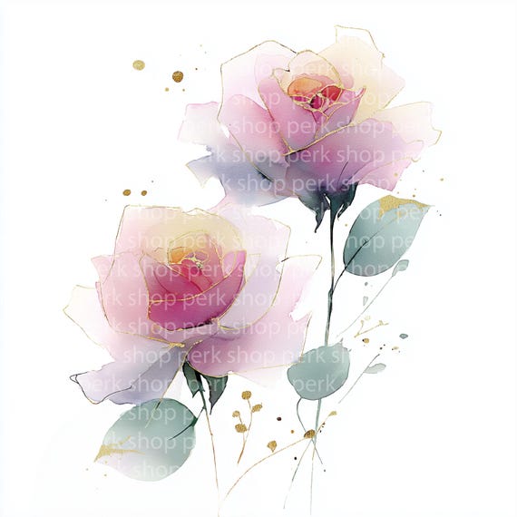 バラの水彩画 バラの水彩画クリップアート：ピンクとゴールドの花のイラスト