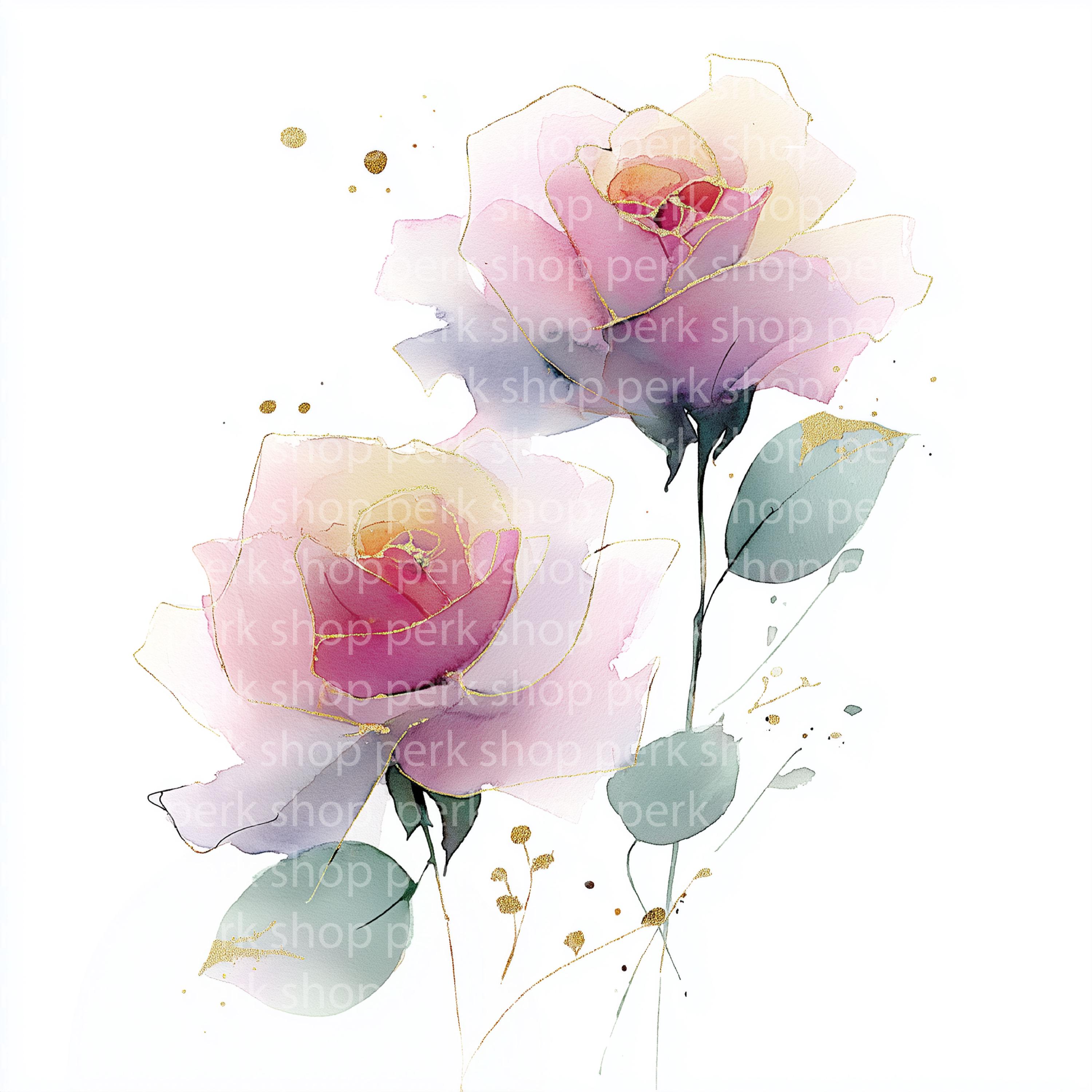 バラの水彩画クリップアート：ピンクとゴールドの花のイラスト