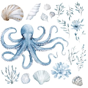 10 cliparts pieuvre lunatique png, aquarelle côtière nautique, créations artisanales en papier imprimable, journal indésirable, autocollants en téléchargement numérique, art de la vie marine