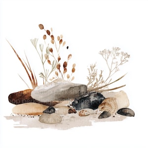 May include: Watercolor illustration of a beach scene with various stones, shells, and dried plants in shades of brown, beige, and gray. The artwork has a natural, earthy aesthetic, perfect for home decor or craft projects.