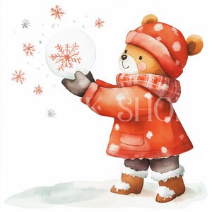 17 Miś łapie zimowe płatki śniegu clipart, Akwarela słodkie kreskówki Boże Narodzenie do wydrukowania clipart, Papier do kartek rzemieślniczych, cyfrowe pobieranie jpg