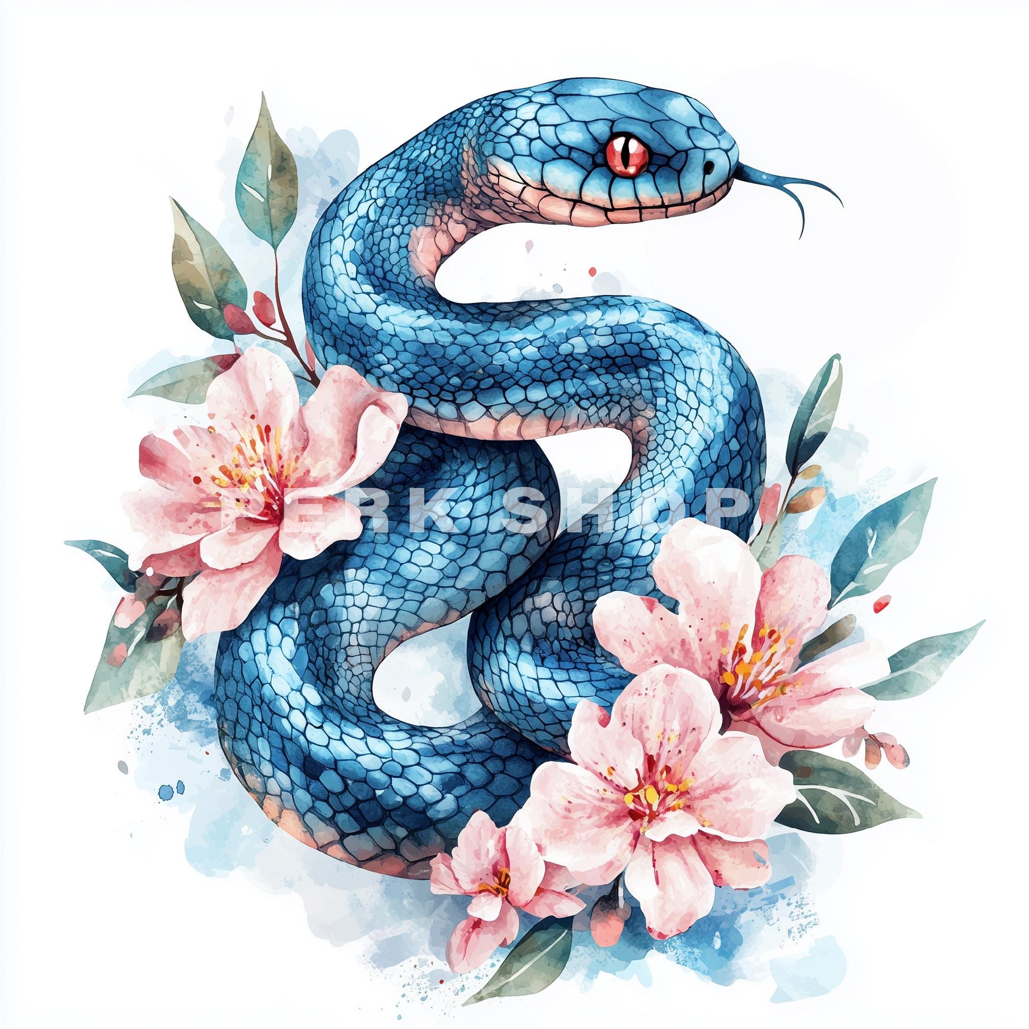 熱帯のヘビのクリップアート：水彩画の花の爬虫類アート（デジタル
