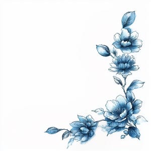 Op de afbeelding: Gedetailleerde blauwe bloemenillustratie met verschillende open bloemen en knoppen, samen met gedetailleerde bladeren. Het kunstwerk is uitgevoerd in een pen- en inktstijl, met schaduwen om diepte te creëren. De bloemen zijn in een hoekontwerp gerangschikt.