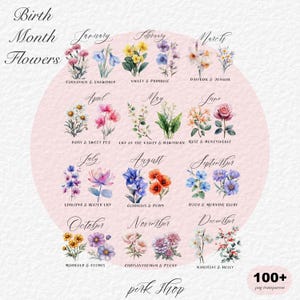 Clipart fleur mois de naissance, fleur de naissance Png, bouquet de fleurs personnalisé, cadeau fête des mères, paquet floral aquarelle, clipart imprimable