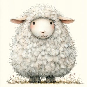 May include: A white fluffy sheep with a sweet expression, standing in a field of grass with small pink flowers.