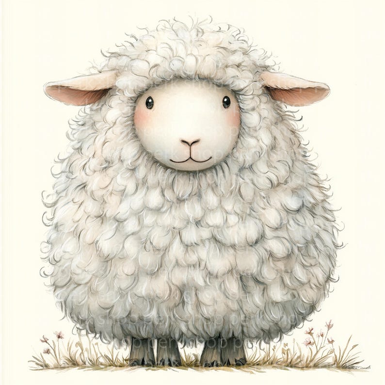 May include: A white fluffy sheep with a sweet expression, standing in a field of grass with small pink flowers.