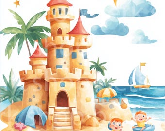 Sand Castle Kids Camp Clipart: Beach Toddlers, Tents (JPG Set)