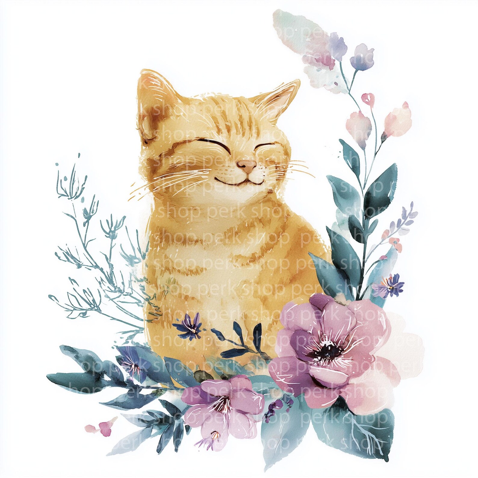 Watercolor Floral Cat Clipart Set, Premade Cute Kitten Graphics, Spring ...